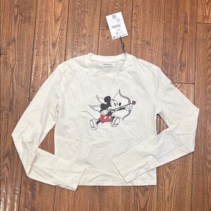 Bershka White Long Sleeve Tee with Mickey Mouse Graphic
